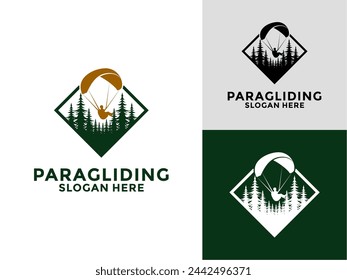 Vector de logotipo de deportes voladores de parapente, alta aventura de parapente con plantilla de diseño de logotipo de bosque