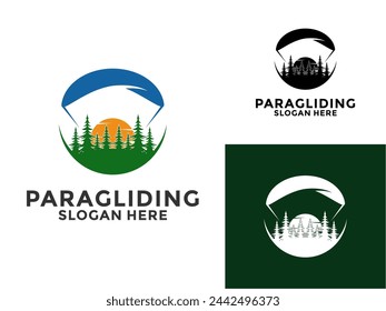 Paragliding flying sports logo vector, High Adventure Paragliding with Forest logo design template