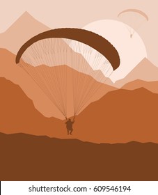 Paragliding jump landscape with mountains vector background