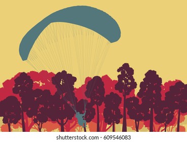 Paragliding jump landscape with trees forest vector background