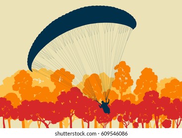 Paragliding jump landscape with trees forest vector background