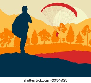 Paragliding jump landscape with trees forest vector background