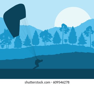 Paragliding jump landscape with trees forest vector background