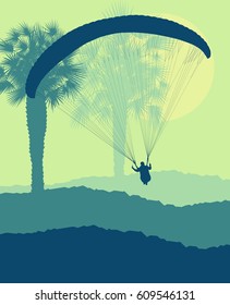 Paragliding jump landscape with tropical leaves vector background