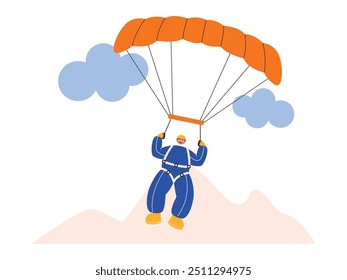 Paragliding and landing near the mountain safely, extreme sports vector illustration.