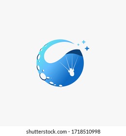Paragliding Logo Template With Blue Moon Background Negative Space Style, Vector Illustration EPS10. Sign, Sky, Fly