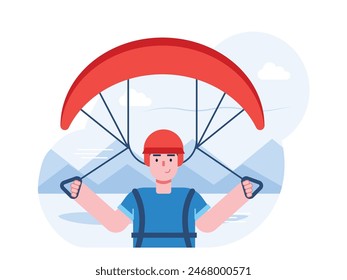 Paragliding man flying to see the beauty of nature, adventure sport. Character design. Vector flat illustration