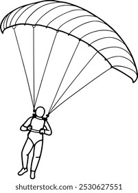 Paragliding man line drawing vector. Paraglide wing and harness for sky flights. Skydiving extreme sport. Monochrome hand drawn vector illustration isolated. Parachuting outline design. 