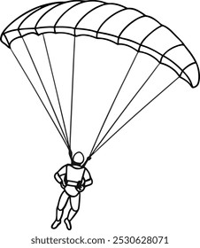 Paragliding man line drawing vector. Paraglide wing and harness for sky flights. Skydiving extreme sport. Monochrome hand drawn vector illustration isolated. Parachuting outline design. 