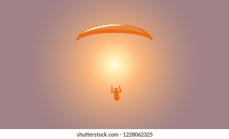 Paragliding. Paraglider flying in the sunset sky. Vector