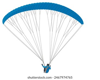 paragliding sport, glider flying with blue fabric wing isolated on a white background