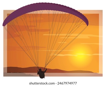 paragliding sport, glider flying with a fabric wing in a sunset sky with mountains below in the background