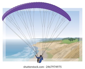 paragliding sport, glider flying with a purple fabric wing in the sky with water and beach below in the background