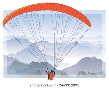 paragliding sport, glider flying with a red fabric wing in the sky with mountains below in the background