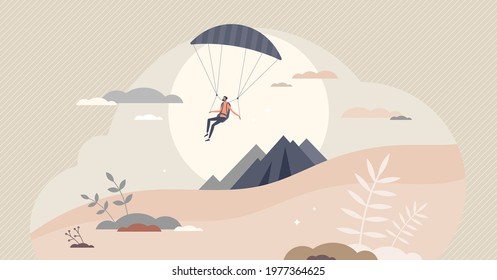 Paragliding sport with pilot flying in sky with glider tiny person concept. Mountain fly as extreme action adventure vector illustration. Hobby and leisure activity with beautiful sights experience.
