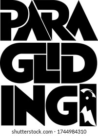 Paragliding text with mountain and flying paraglider silhouettes. Hand lettering illustration made in capital letters.