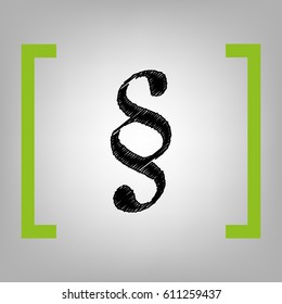 Paragraph sign illustration. Vector. Black scribble icon in citron brackets on grayish background.