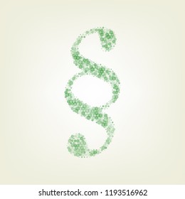 Paragraph sign illustration. Vector. Green hexagon rastered icon and noised opacity and size at light green background with central light.