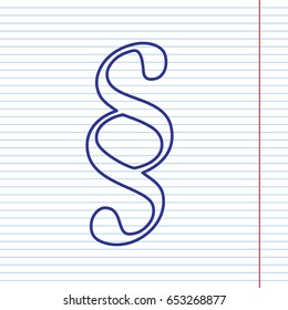 Paragraph sign illustration. Vector. Navy line icon on notebook paper as background with red line for field.