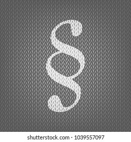 Paragraph sign illustration. Vector. White knitted icon on gray knitted background. Isolated.