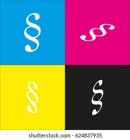 Paragraph sign illustration. Vector. White icon with isometric projections on cyan, magenta, yellow and black backgrounds.