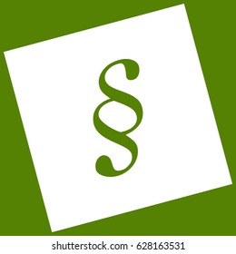 Paragraph sign illustration. Vector. White icon obtained as a result of subtraction rotated square and path. Avocado background.