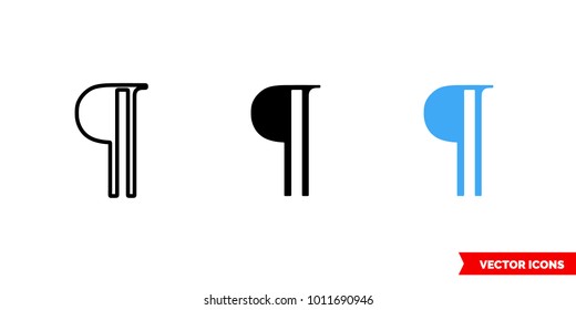 Paragraph symbol icon of 3 types: color, black and white, outline. Isolated vector sign symbol.