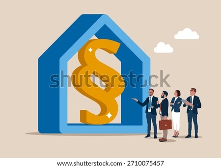 Paragraph symbol inside house. Protection of rights and freedoms. Vector flat illustration