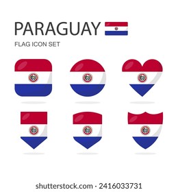 Paraguay 3d flag icons of 6 shapes all isolated on white background.