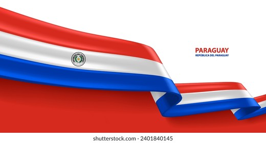 Bandera de la cinta 3D de Paraguay. Doble ondeando la bandera 3D en colores de la bandera nacional de Paraguay. Diseño de fondo de la bandera nacional.