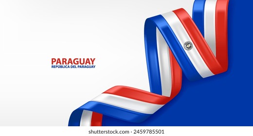 Paraguay 3D ribbon flag. Bent waving 3D flag in colors of the Paraguay national flag. National flag background design.