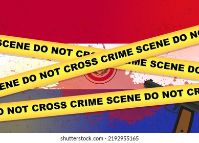 Banner vectorial de ataque armado en Paraguay, concepto de tiroteo, asalto armado con arma y mancha de sangre en la bandera de Paraguay, cinta amarilla de la policía, composición de escena del crimen, vista superior, diseño plano