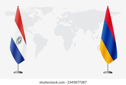 Paraguay and Armenia flags for official meeting against background of world map.
