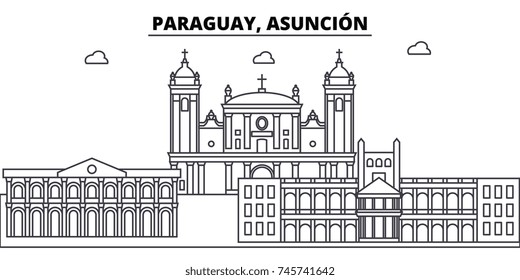 Paraguay, Asuncion architecture skyline buildings, silhouette, outline landscape, landmarks. Editable strokes. Urban skyline illustration. Flat design vector, line concept