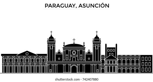 Paraguay, Asuncion architecture vector city skyline, black cityscape with landmarks, isolated sights on background