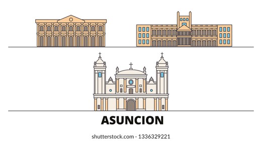 Paraguay, Asuncion flat landmarks vector illustration. Paraguay, Asuncion line city with famous travel sights, skyline, design. 
