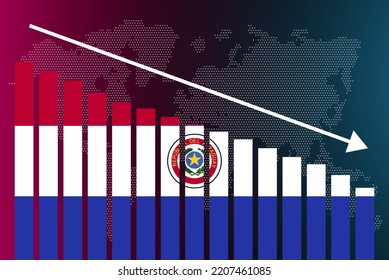 Gráfico gráfico de barras paraguayo, valores decrecientes, concepto de crisis y rebaja de calificación, gráfico de barras paraguayo, flecha abajo en datos, idea de banner de noticias, falla y disminución, estadística financiera