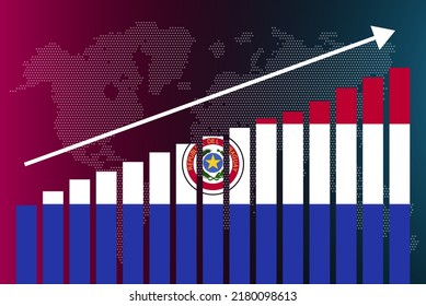 Gráfico de gráfico de barras paraguayo, valores crecientes, concepto de estadísticas del país, gráfico de barras de la bandera paraguaya, flecha ascendente en los datos, idea de pancarta de noticias