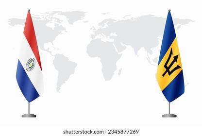 Paraguay and Barbados flags for official meeting against background of world map.
