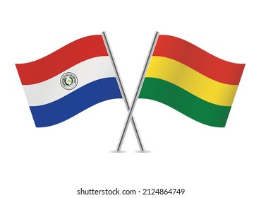 Paraguay and Bolivia crossed flags. Paraguayan and Bolivian flags, isolated on white background. Vector icon set. Vector illustration.
