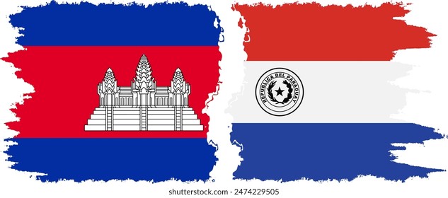 Paraguay and Cambodia grunge flags connection, vector