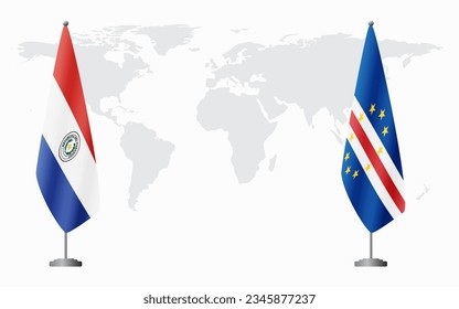 Paraguay and Cape Verde flags for official meeting against background of world map.