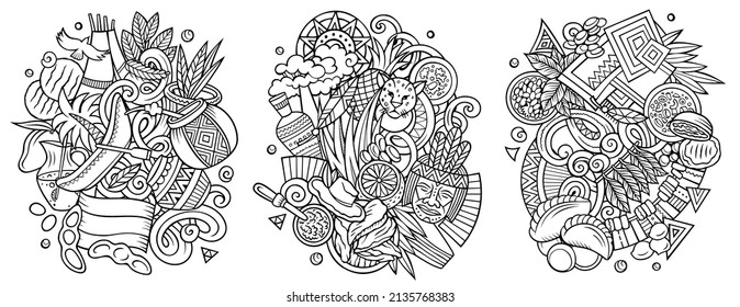 Paraguay cartoon vector doodle designs set. Sketchy detailed compositions with lot of traditional symbols. Isolated on white illustrations