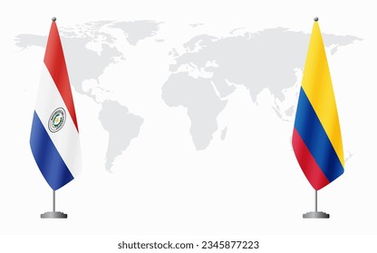 Paraguay and Colombia flags for official meeting against background of world map.