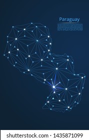 Paraguay communication network map. Vector low poly image of a global map with lights in the form of cities in or population density consisting of points and shapes in the form of stars and space.