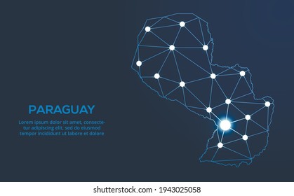 Paraguay communication network map. Vector low poly image of a global map with lights in the form of cities. Map in the form of a constellation, mute and stars