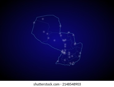 Paraguay concept vector map with glowing cities, map of Paraguay suitable for technology,innovation or internet concepts.