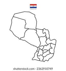 Paraguay contour vector map with state, flag in color. Background map eps 10