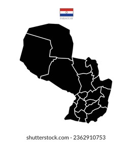 Paraguay contour vector map with state, black-white, flag in color. Background map eps 10