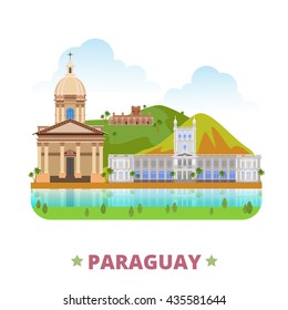 Paraguay country flat cartoon style historic sight web vector illustration. World vacation travel South America collection. National Pantheon Heroes La Santisima Trinidad De Parana Palacio De Lopez